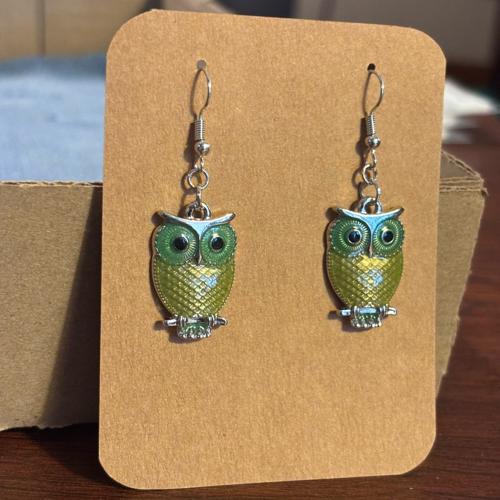 Silver and Green Owl Dangle Earrings